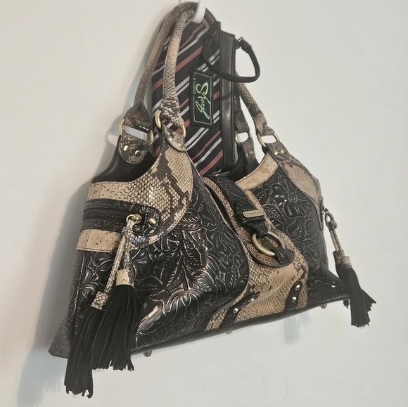 Sharif Studio Tooled Leather Earth Tone Shoulder Bag Purse - Picture 3 of 12